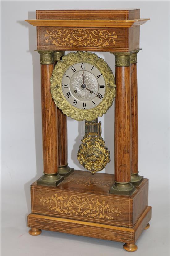 A rosewood inlaid portico clock H.53cm, W.26cm